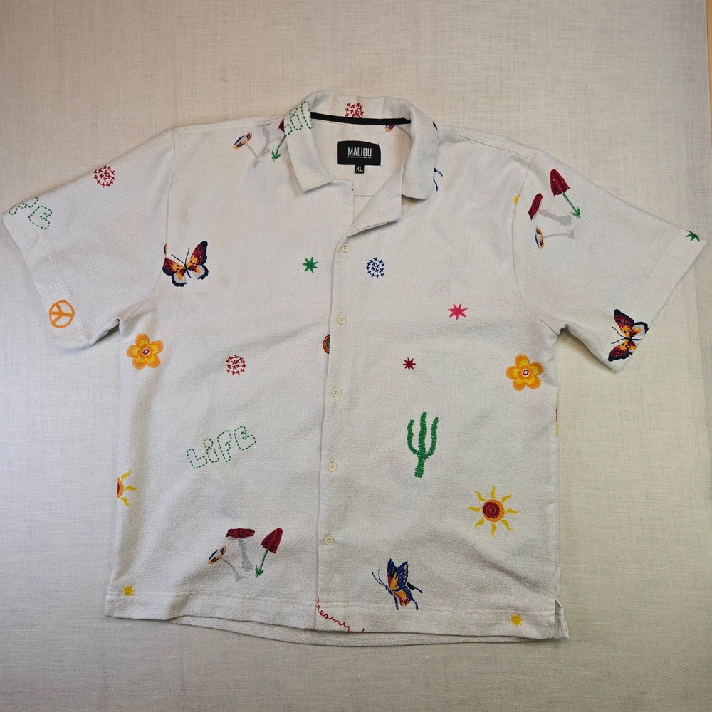 Malibu Butterfly Mushroom Cactus Shirt XL Mens White Embroidered Button Down Top